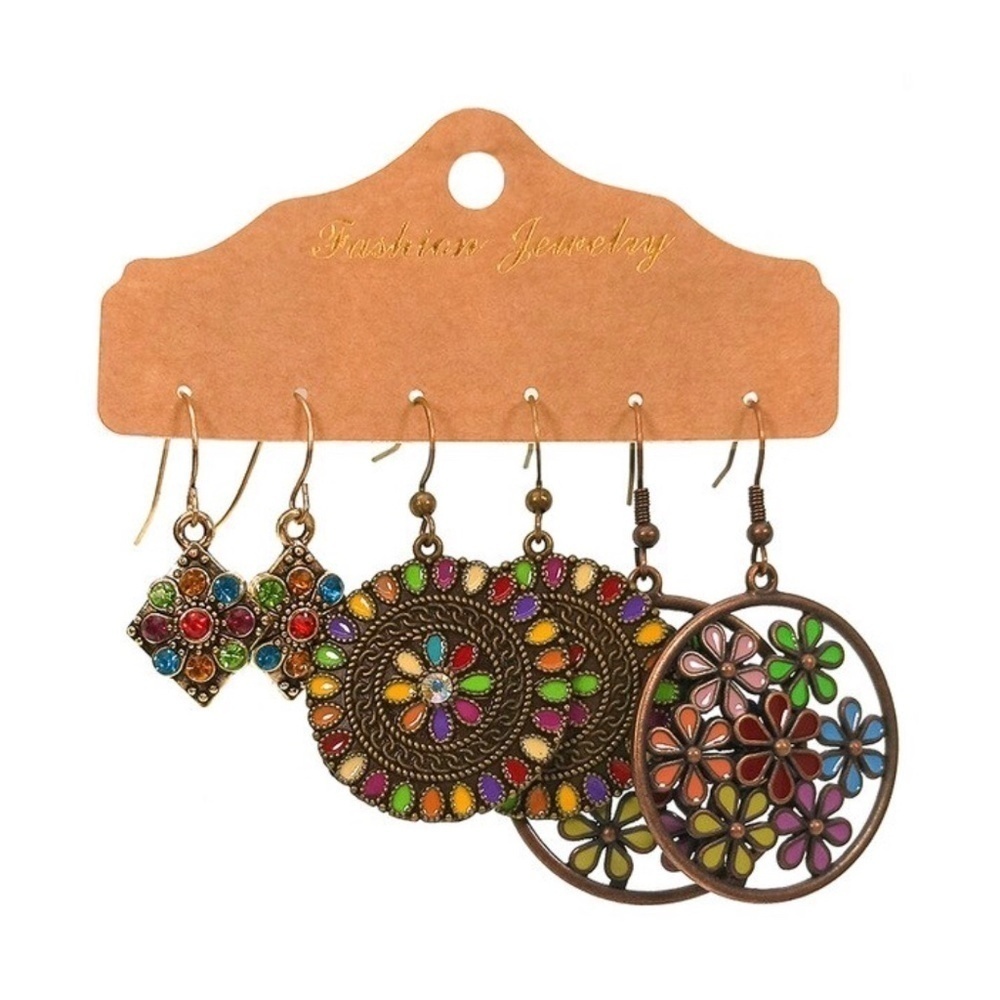 Red Crystal & Coppertone Bright Floral Drop Earrings Set